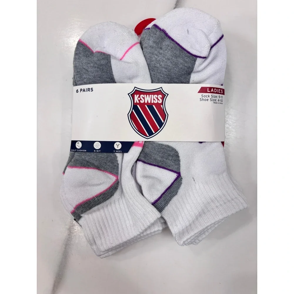 K-Swiss Ladies 6 Pair Ankle Socks White Gray Multi Shoe Size 4-10